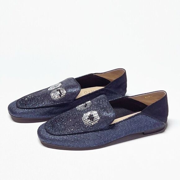 Anthropologie Staccato Navy Glitter Smoking Loafer Wink Eye Motif Sparkle Finish - Picture 1 of 12
